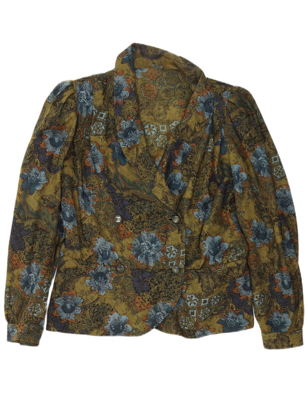 Vintage Damen Langarm-Cardigan-Top UK 14 Großes grünes Blumen-Retro