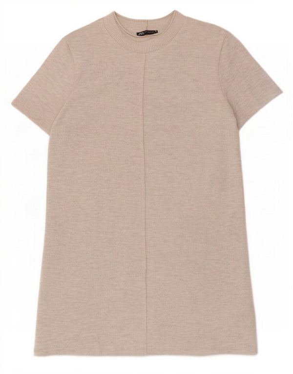 Zara Damen-Pulloverkleid mit kurzen Ärmeln, UK 12, mittelbeigefarbenes Polyester