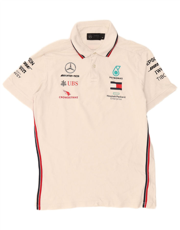 Vintage Herren-Poloshirt mit Grafik, mittelweiß, gestreift, Baumwolle