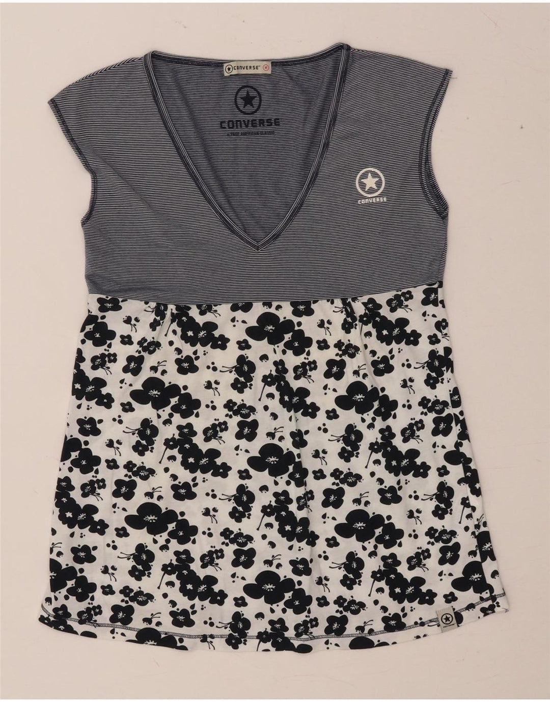 CONVERSE Ärmelloses Damen-Blusenoberteil UK 12 Medium Navy Blue Floral Cotton