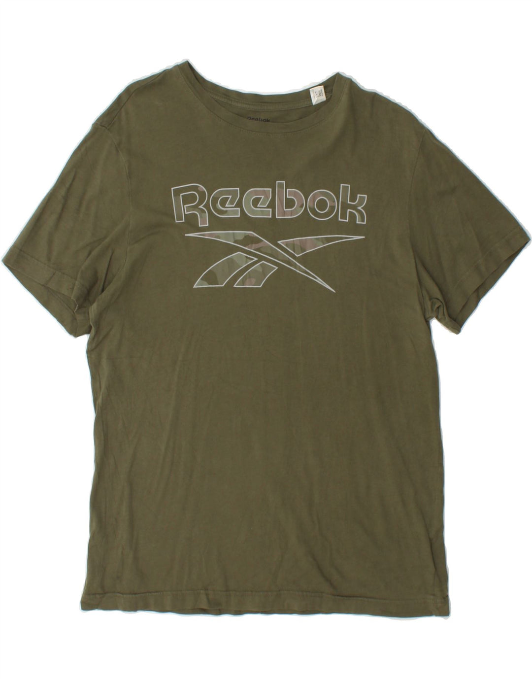 REEBOK Womens Graphic T-Shirt Top UK 14 Medium Khaki Cotton Vintage Reebok and Second-Hand Reebok from Messina Hembry 