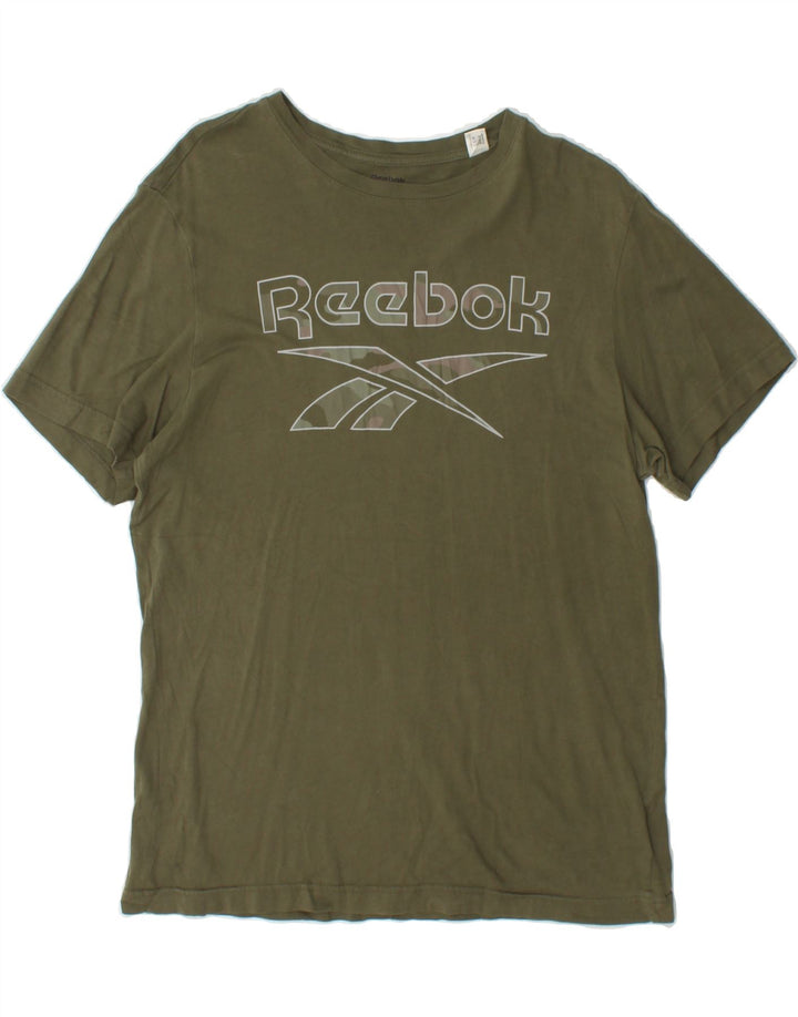 REEBOK Womens Graphic T-Shirt Top UK 14 Medium Khaki Cotton Vintage Reebok and Second-Hand Reebok from Messina Hembry 