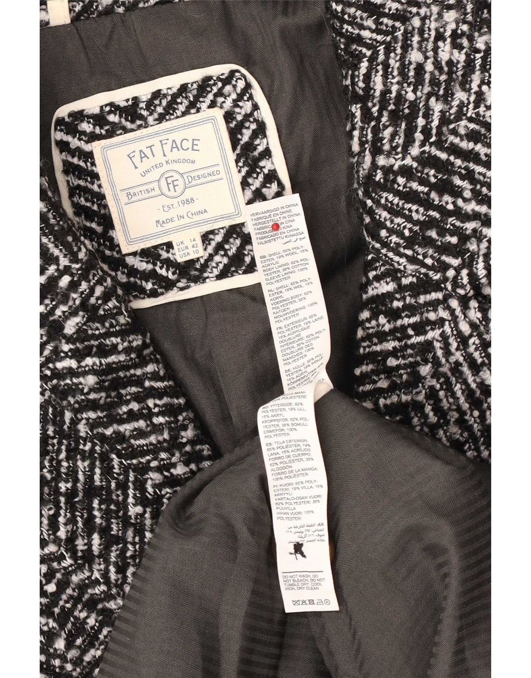 Fat Face Damen-Mantel mit lockerer Passform, UK 14, Large, Schwarz, Herringbone-Klassiker