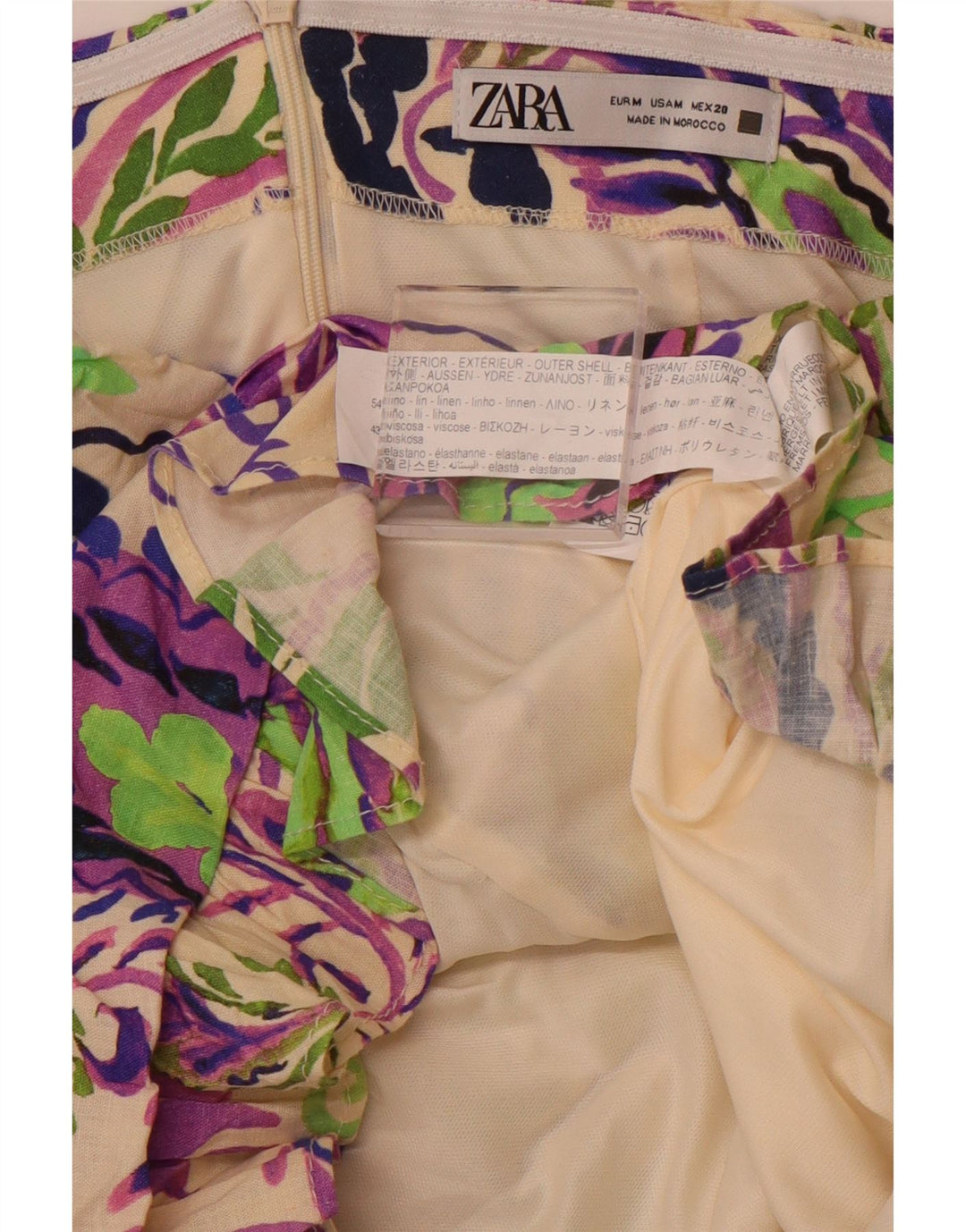 ZARA Damen Mini-trägerloses Kleid UK 12 Mittelmehrfarbiges Paisley-Leinen
