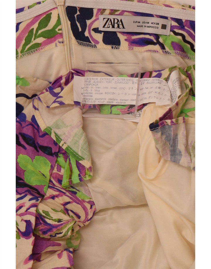 ZARA Damen Mini-trägerloses Kleid UK 12 Mittelmehrfarbiges Paisley-Leinen