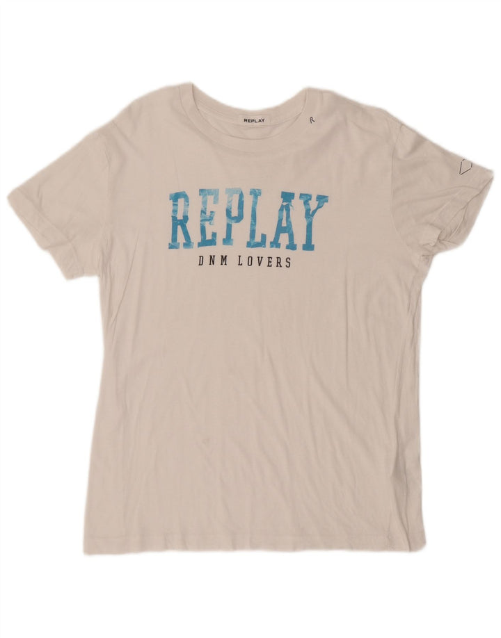 REPLAY Mens Graphic T-Shirt Top Large White Cotton