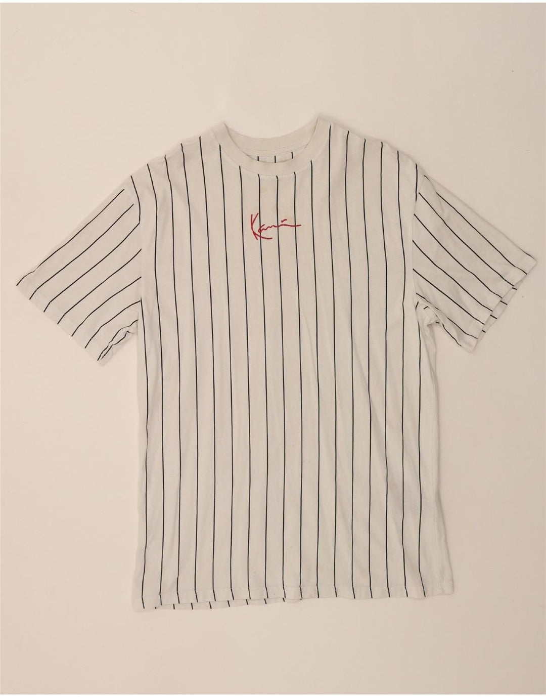 KARL KANI Mens Graphic T-Shirt Top Medium White Striped Cotton Vintage Karl Kani and Second-Hand Karl Kani from Messina Hembry 