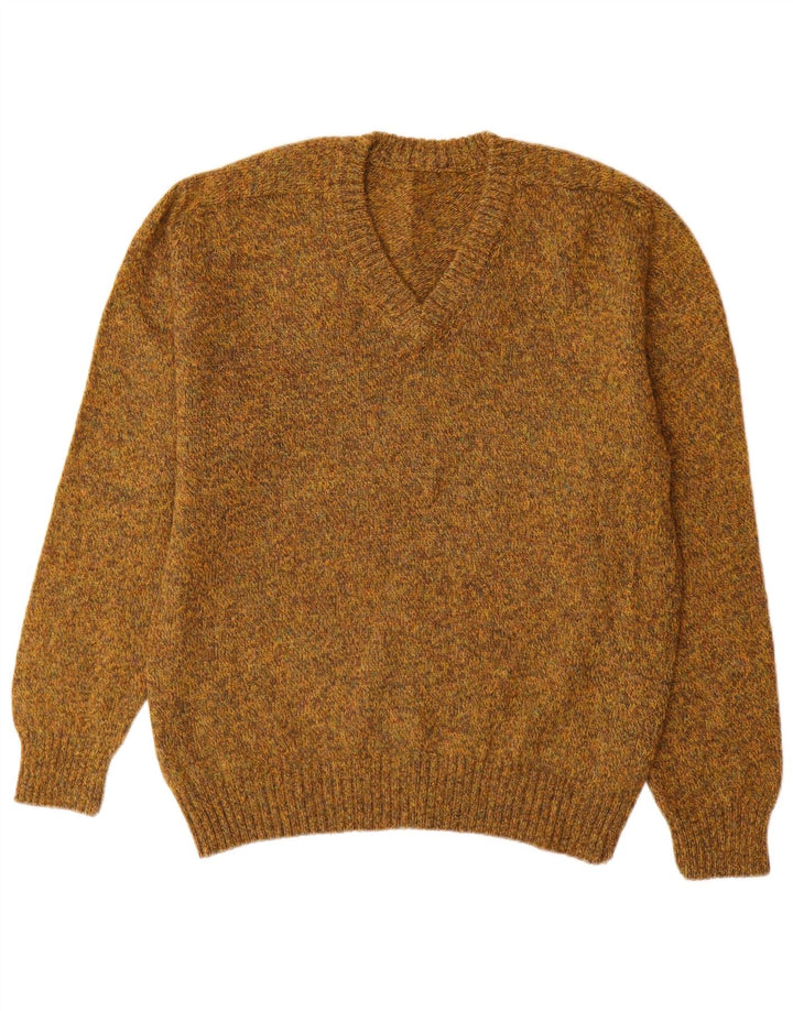 Vintage Herren-Pullover mit V-Ausschnitt, große Khaki-gefleckte Wolle