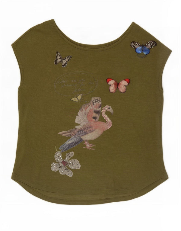 Desigual Womens Graphic T-Shirt Top UK 10 Small Khaki Baumwolle