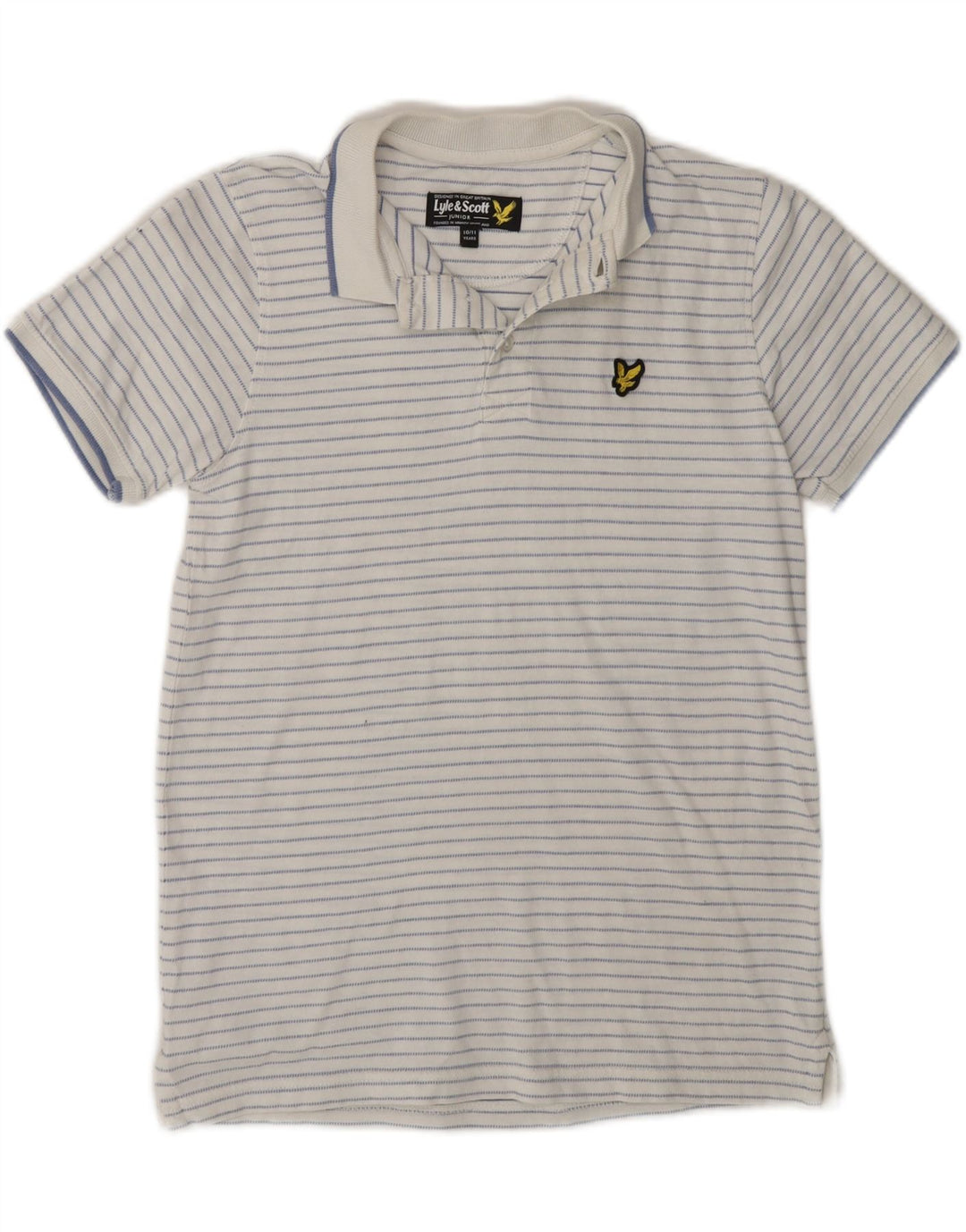 LYLE & SCOTT Boys Polo Shirt 10-11 Years White Striped Vintage Lyle & Scott and Second-Hand Lyle & Scott from Messina Hembry 