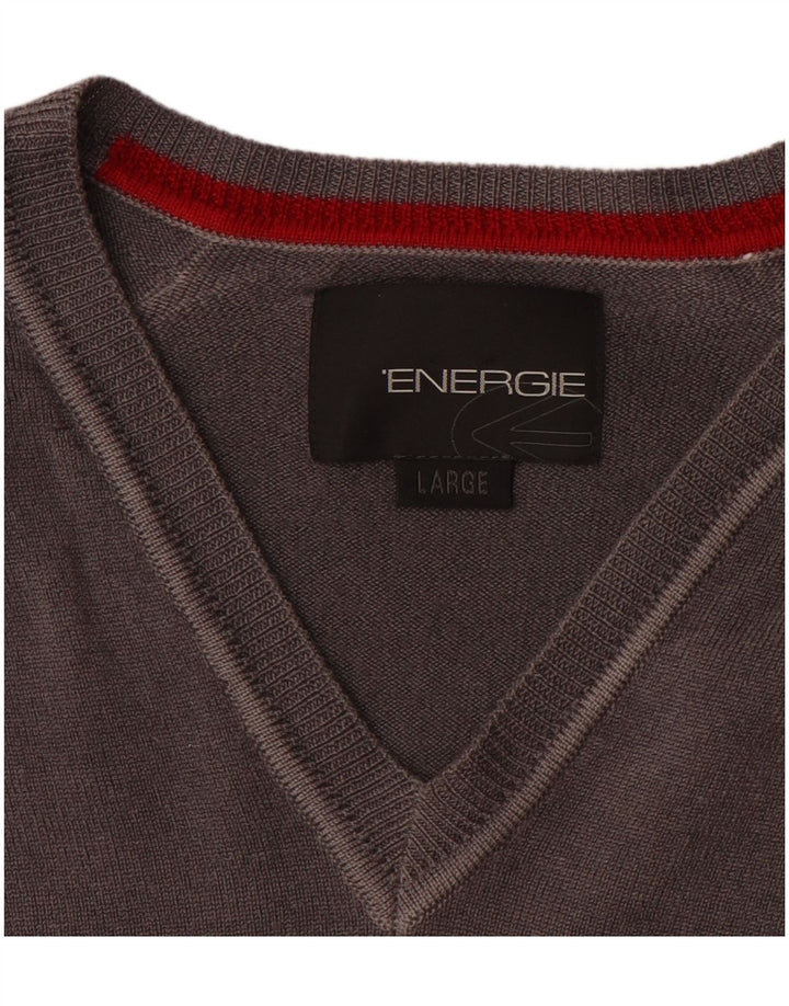 ENERGIE Womens V-Neck Jumper Sweater UK 14 Large Grey Wool