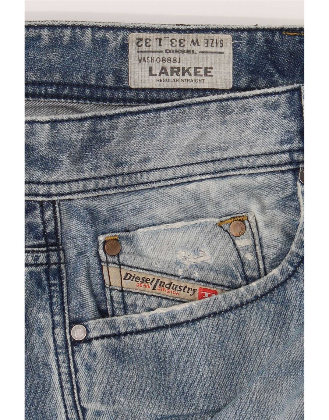 Diesel Herren Larkee Distressed Regular Straight Jeans W33 L32 Blaue Baumwolle