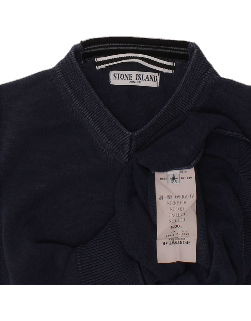 STONE ISLAND Boys V-Neck Jumper Sweater 7-8 Years Navy Blue Cotton Vintage Stone Island and Second-Hand Stone Island from Messina Hembry 
