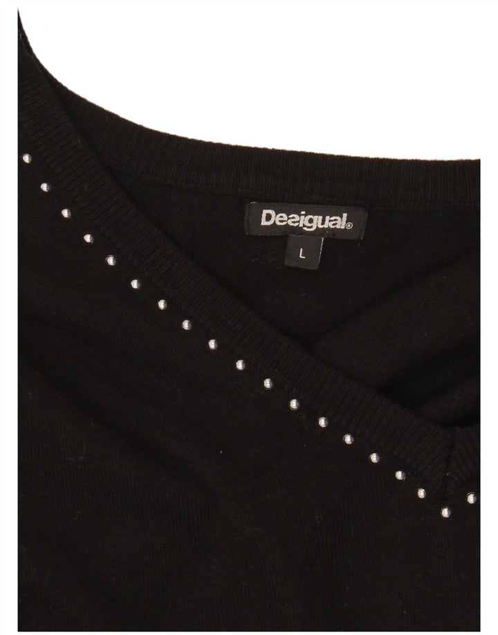 DESIGUAL Damen-Pullover mit grafischem V-Ausschnitt, UK 16, Größe L, Schwarz, Synthetik