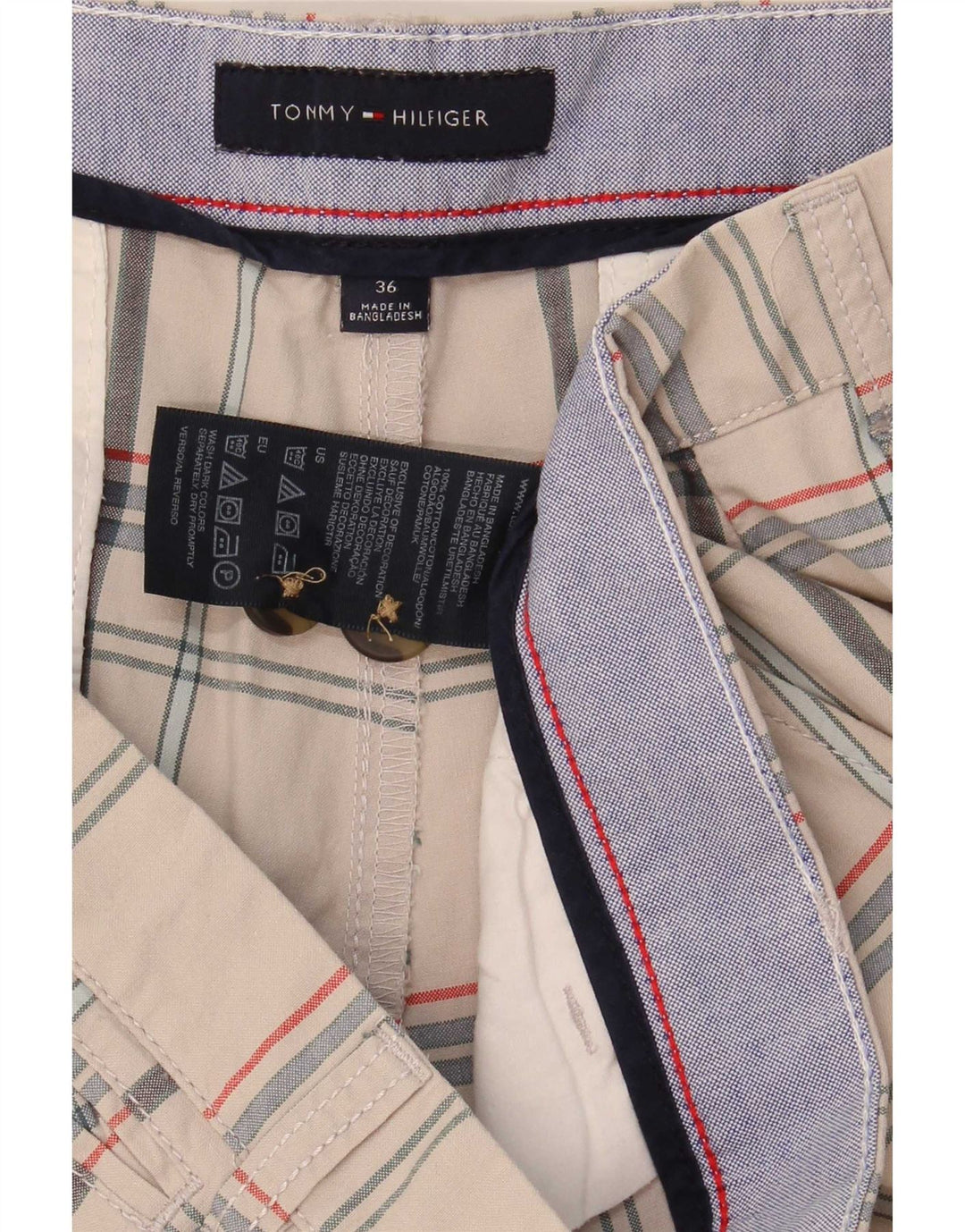 Tommy Hilfiger Herren-Chino-Shorts W36, große, cremefarbene Karo-Baumwolle