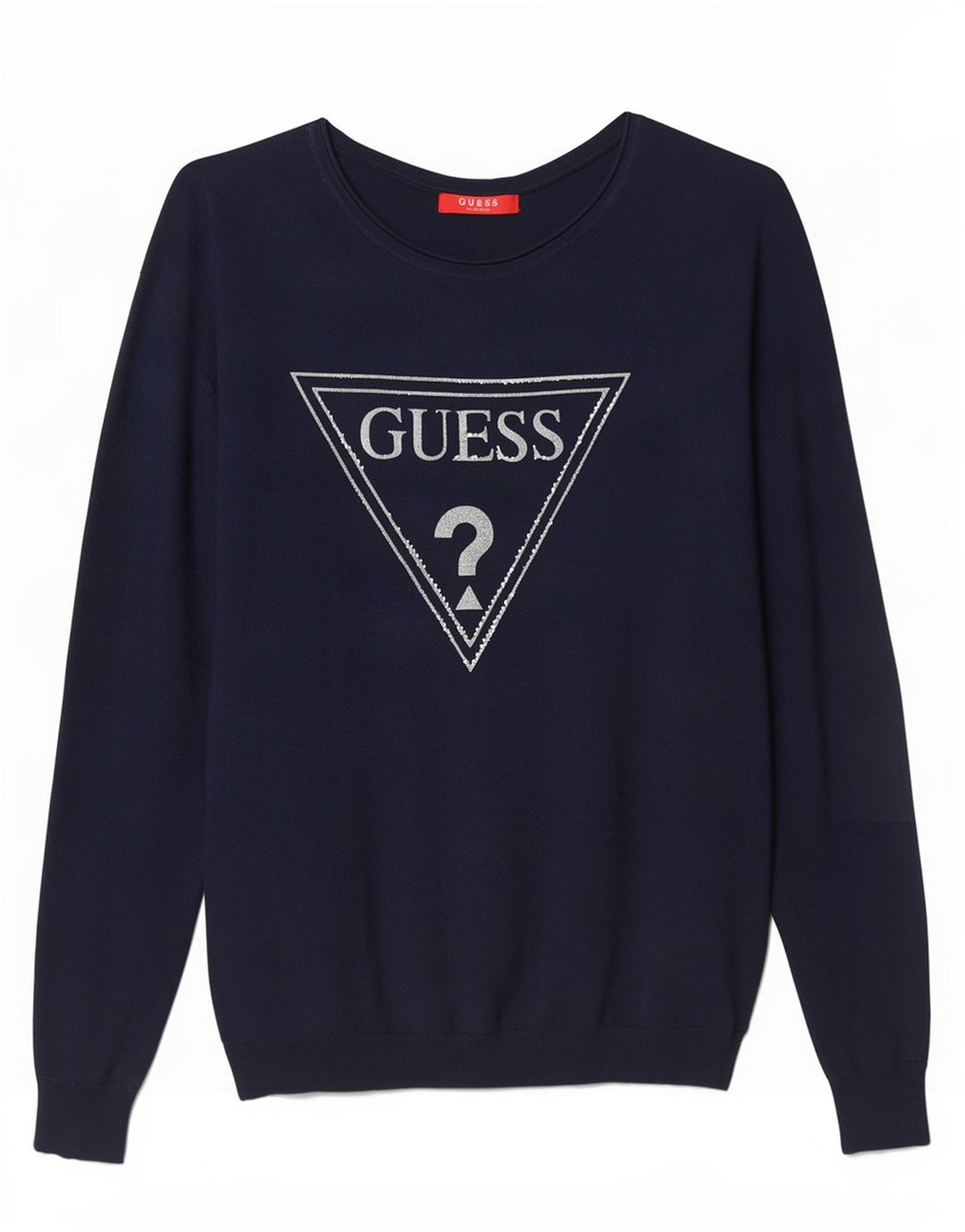 Guess Damen-Pullover mit grafischem U-Boot-Ausschnitt, Gr. 14, mittleres Marineblau