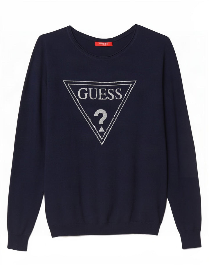 Guess Damen-Pullover mit grafischem U-Boot-Ausschnitt, Gr. 14, mittleres Marineblau