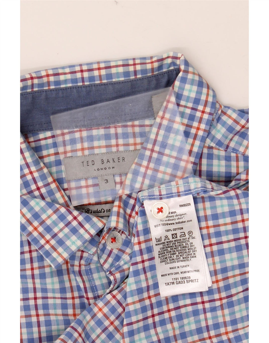 TED BAKER Herren-Kurzarmhemd, Größe 3, mittelblau karierte Baumwolle