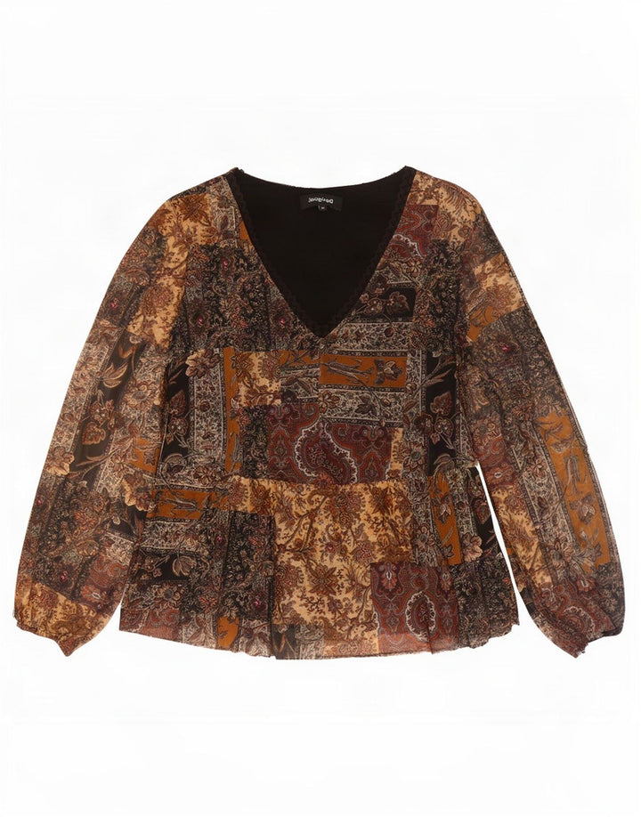 Desigual Damen Langarm-Blusenoberteil UK 14 Mittelbraunes Paisley-Polyester