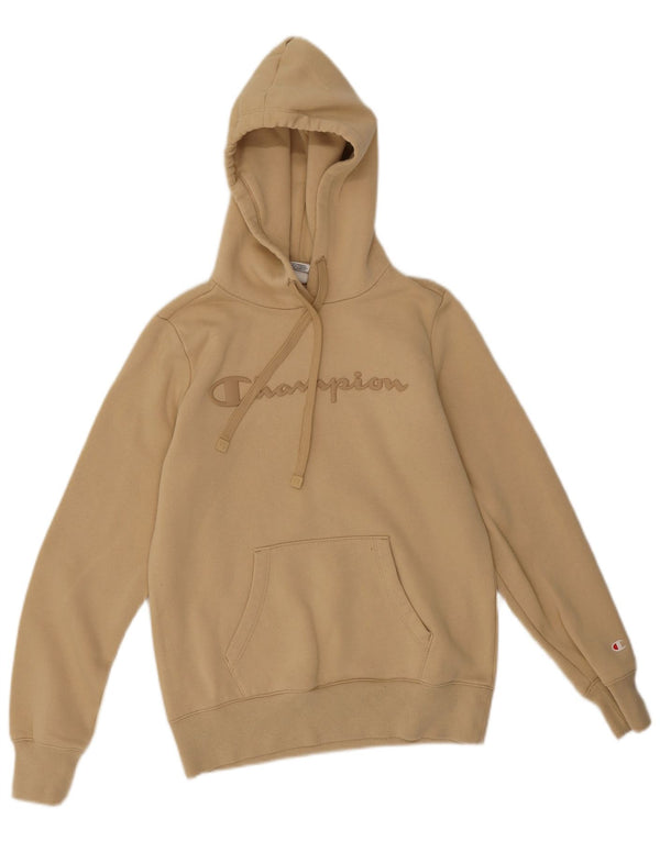 Champion Womens Graphic Hoodie Jumper UK 6 XS Beige Cotton