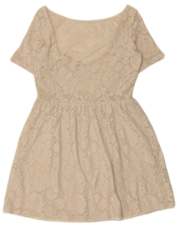 Zara Damen-Spitzen-A-Linien-Kleid, UK 12, mittelbeigefarbenes, geblümtes Polyamid