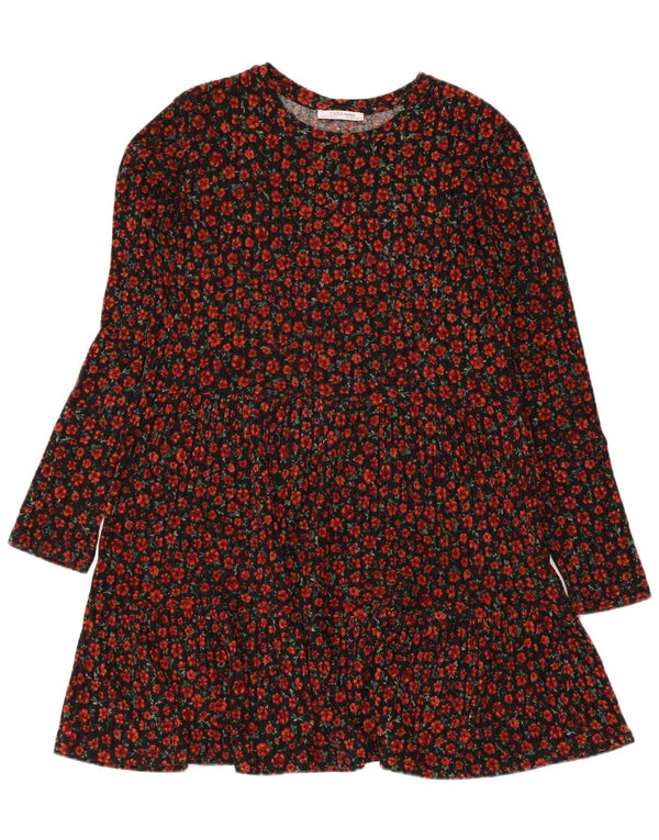 Zara Damen Langarm-Stufenkleid UK 12 Mittelschwarz geblümt