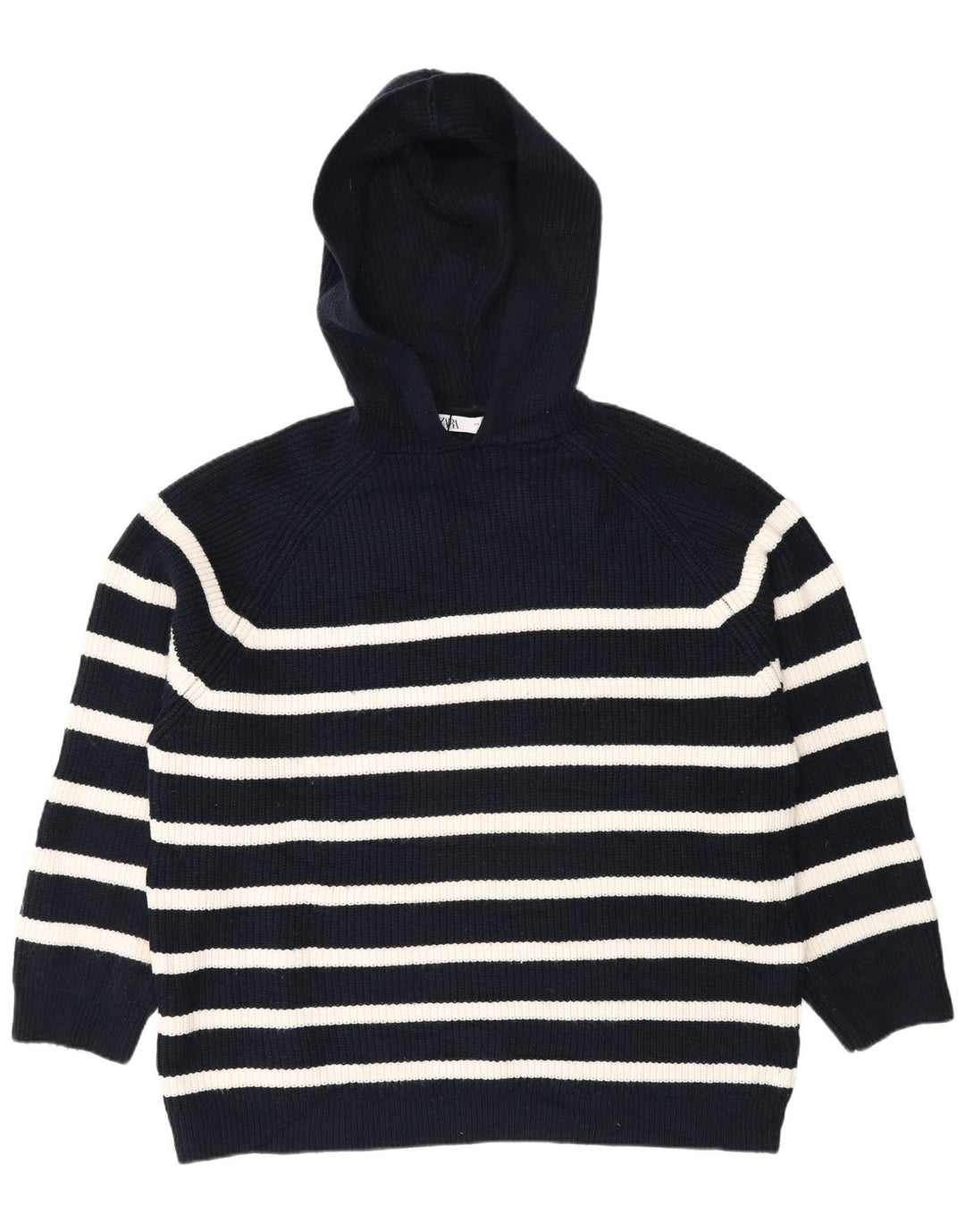 Zara Damen-Pullover mit Kapuze, übergroß, Gr. 14, mittelmarineblau gestreift