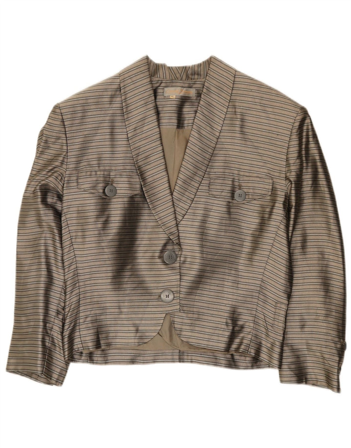 Vintage Damen Crop 2-Knopf-Blazerjacke EU 38 Mittelgrau gestreifte Seide