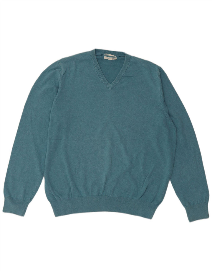 Marks & Spencer Herren-Pullover mit V-Ausschnitt, XL, blaue Baumwolle