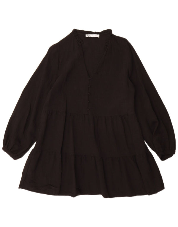 Zara Damen Langarm-Stufenkleid UK 10 Small Schwarze Viskose