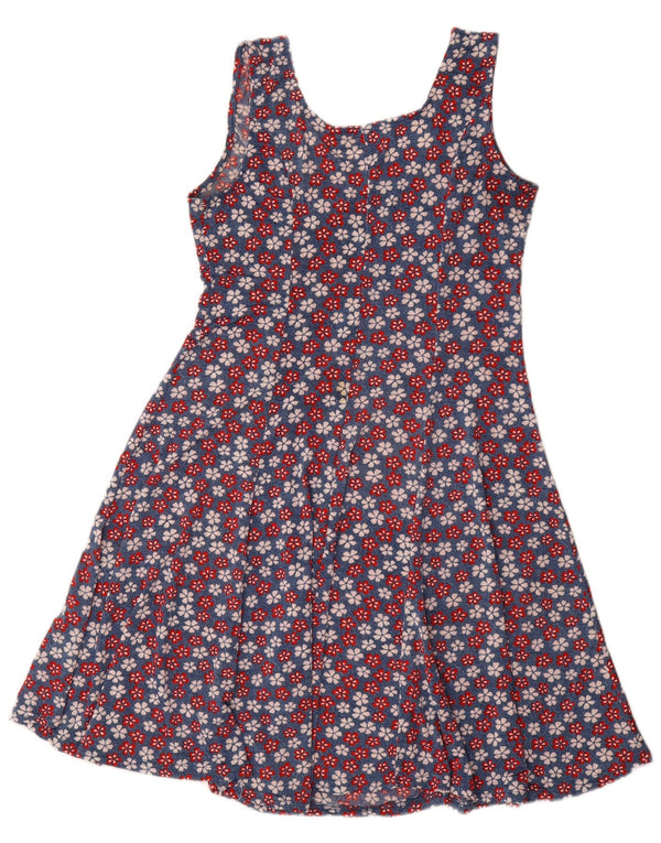 Vintage Damen Ärmelloses A-Linien-Kleid UK 14 Mittelblaues Blumenmuster aus Polyester