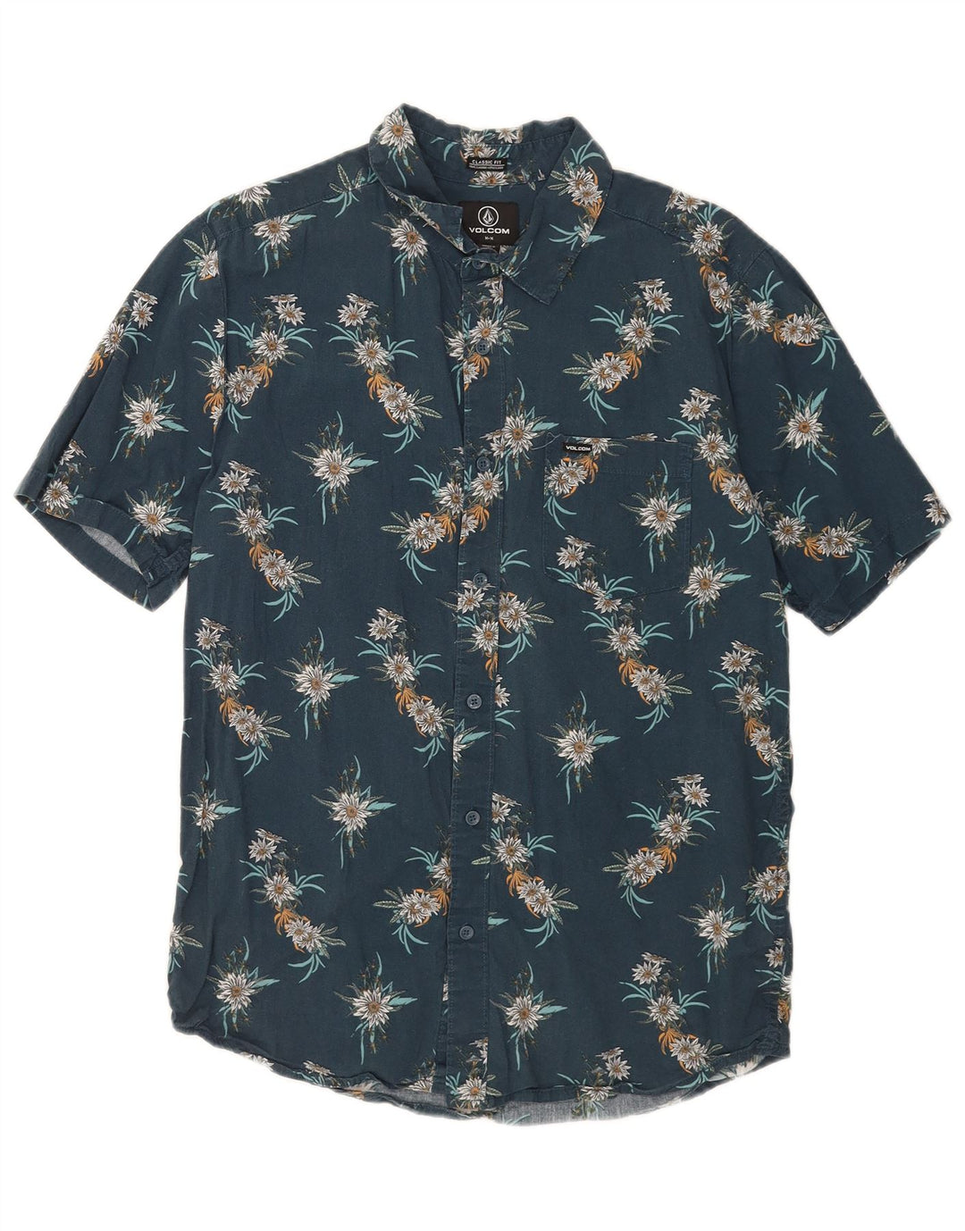 Volcom Herren-Kurzarmhemd mit klassischer Passform, mittelblaue Baumwolle mit Blumenmuster