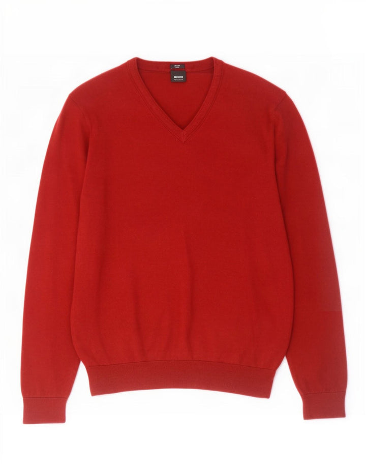 Hugo Boss Herren-Pullover mit normaler Passform, V-Ausschnitt, Mittelrot, Farbblock