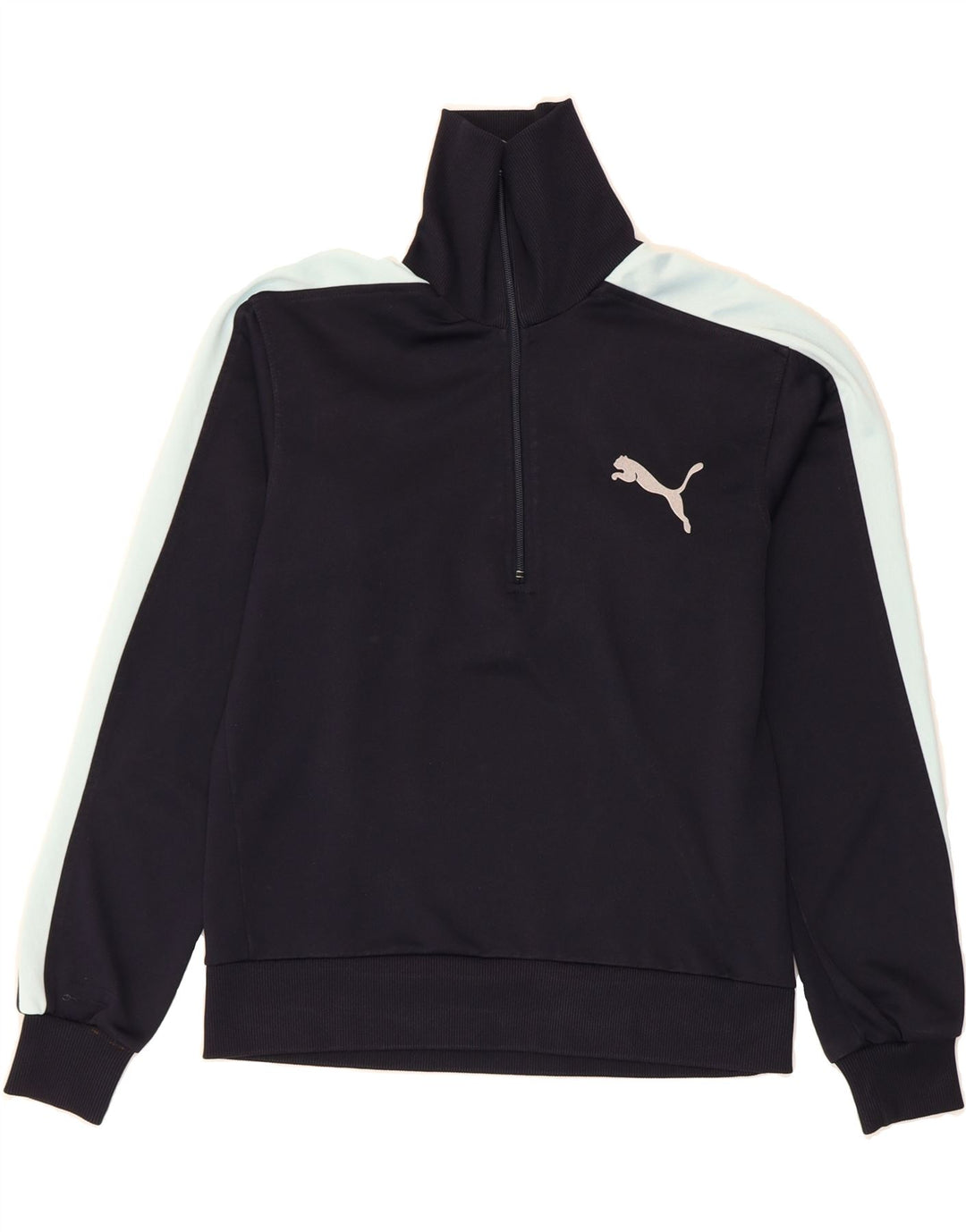 PUMA Mens Graphic Zip Neck Sweatshirt Jumper Medium Navy Blue Colourblock Vintage Puma and Second-Hand Puma from Messina Hembry 