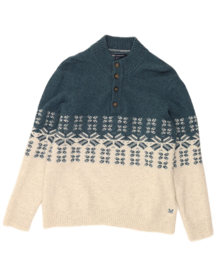 CREW CLOTHING Herren-Pullover mit Knopfkragen, Größe L, Blau, Fair Isle