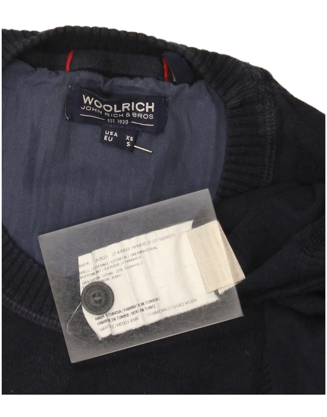 Woolrich Herren-Pullover mit Rundhalsausschnitt, Größe S, marineblaue Baumwolle