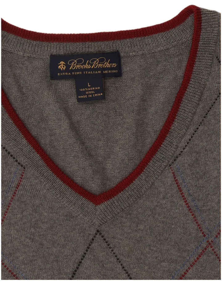 BROOKS BROTHERS Herren-Pullover mit V-Ausschnitt, Größe L, Grau Argyle/Diamant