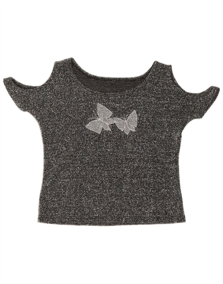 VINTAGE Damen Crop Off Shoulder Top UK 12 Mittelgrau gefleckter Schmetterling
