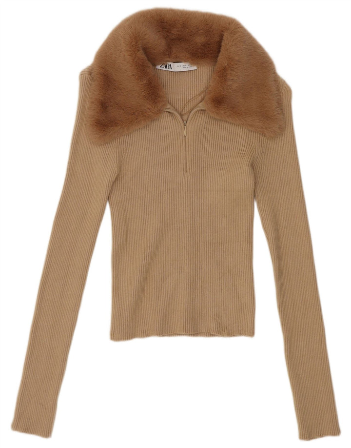 Zara Damen Crop Top Langarm UK 8 Small Beige