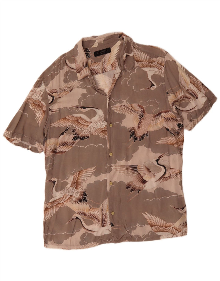 All Saints Herren-Kurzarmhemd Mittelgrauer Viskose-Vogel mit Animal-Print