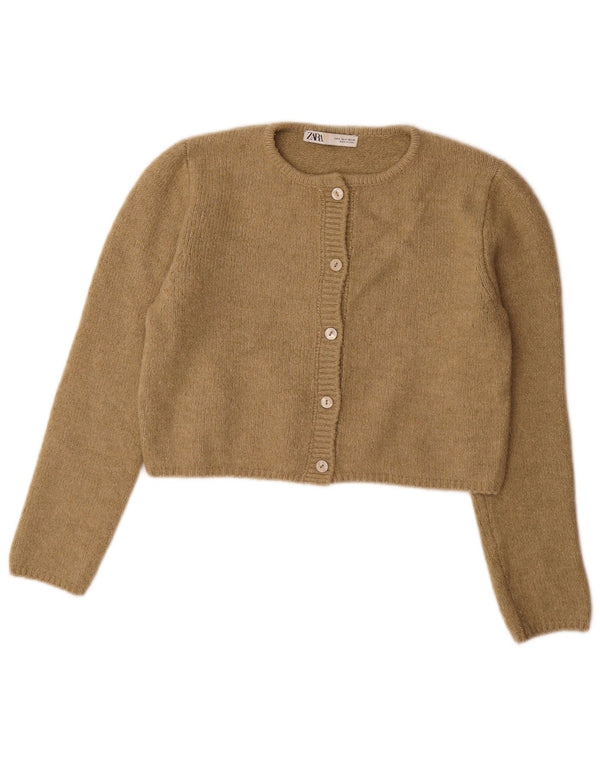 Zara Damen Crop Cardigan Pullover UK 10 Small Khaki Acryl