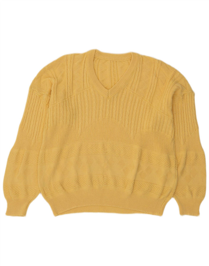 Vintage Damen Übergroßer V-Ausschnitt Pullover Pullover UK 14 Mittelgelbe Baumwolle