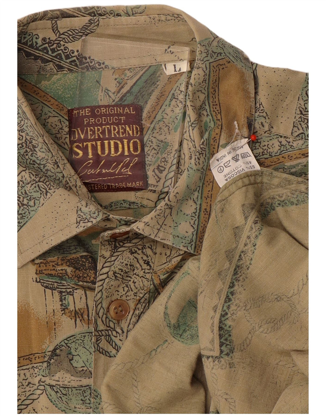 Studio Herren-Kurzarmhemd mit Grafik, groß, Beige, Patchwork-Viskose
