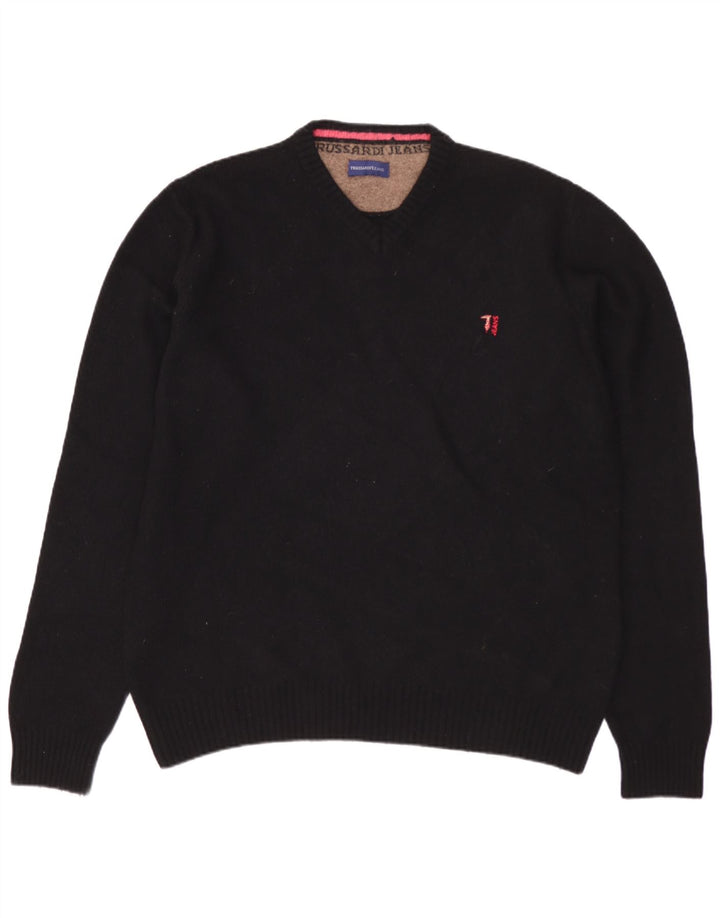 TRUSSARDI JEANS Herren-Pullover mit V-Ausschnitt, große schwarze Wolle