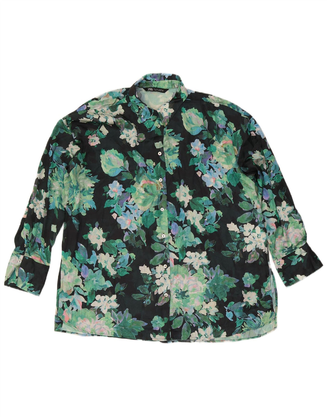 Übergroße Damen-Hemdbluse von Zara, Größe 46, groß, grünes Blumenmuster, Polyester