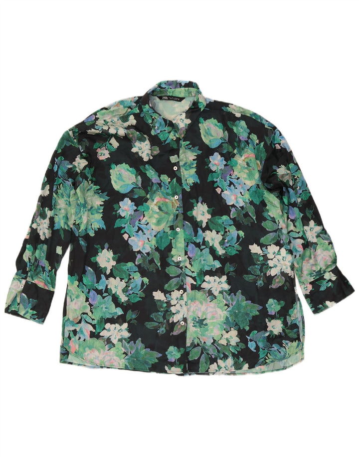Übergroße Damen-Hemdbluse von Zara, Größe 46, groß, grünes Blumenmuster, Polyester