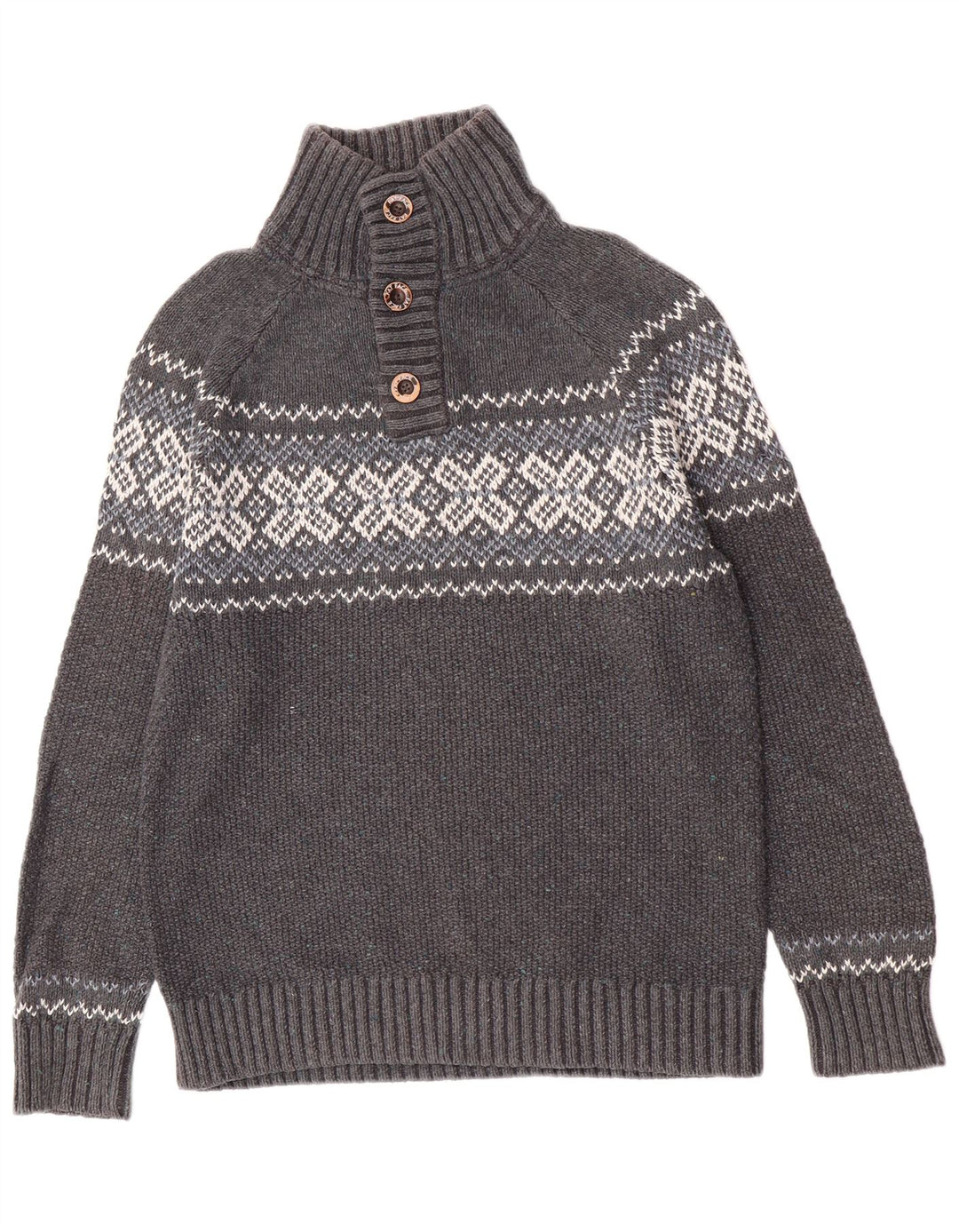 Fat Face Herren-Pullover mit Knopfkragen, Mittelgrau, Fair-Isle-Klassiker