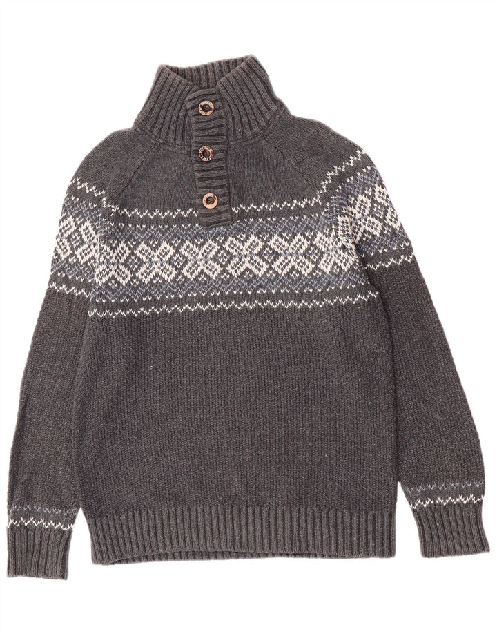 Fat Face Herren-Pullover mit Knopfkragen, Mittelgrau, Fair-Isle-Klassiker