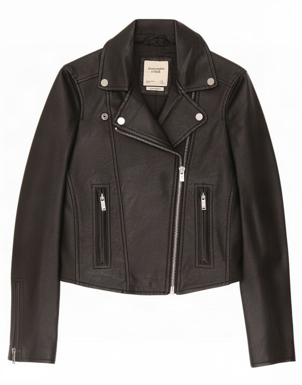 Abercrombie & Fitch Damen Kunstleder Bikerjacke UK 10 Small Schwarz