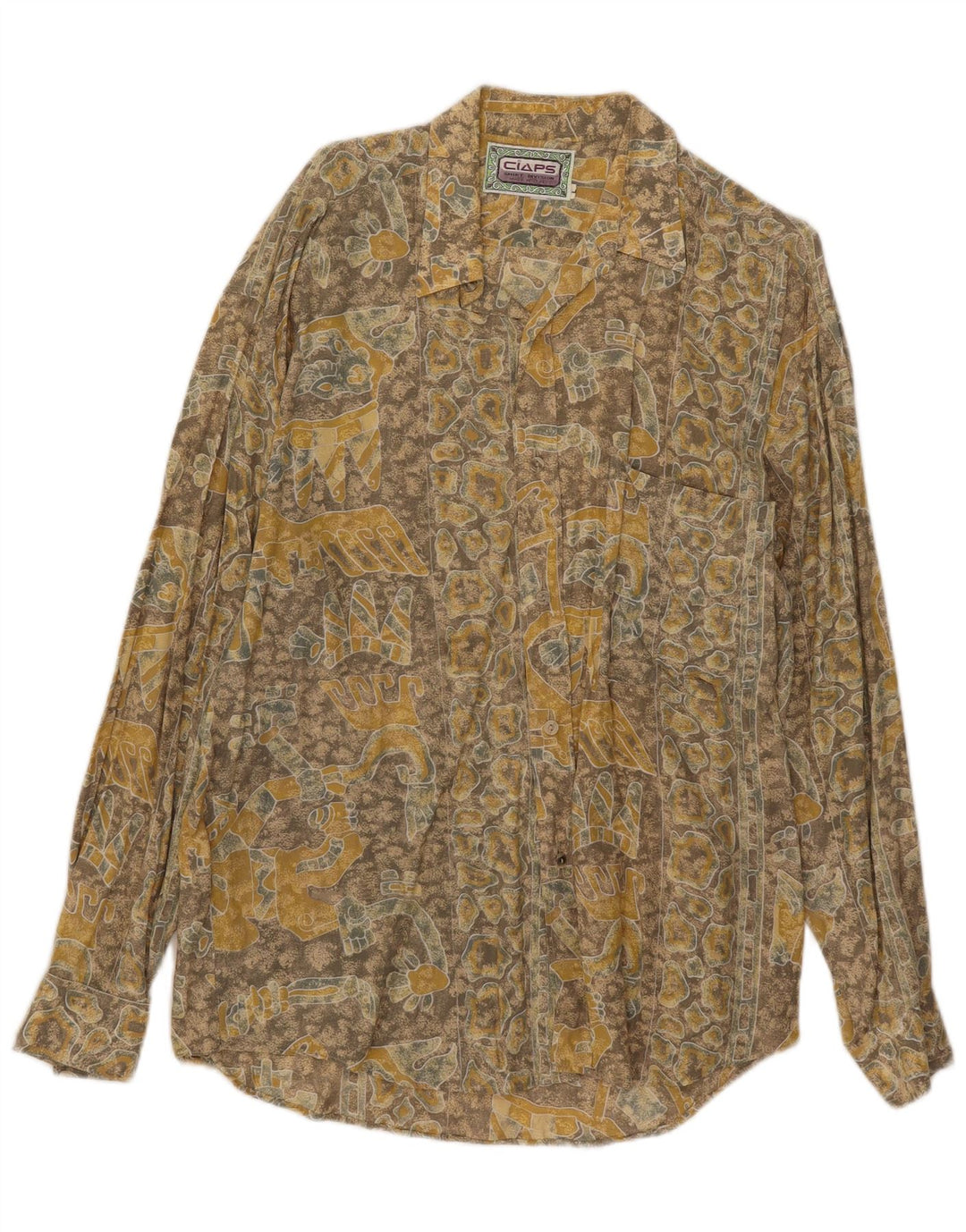 Vintage Herren Hemd mit abstraktem Muster, groß, gelbe Viskose